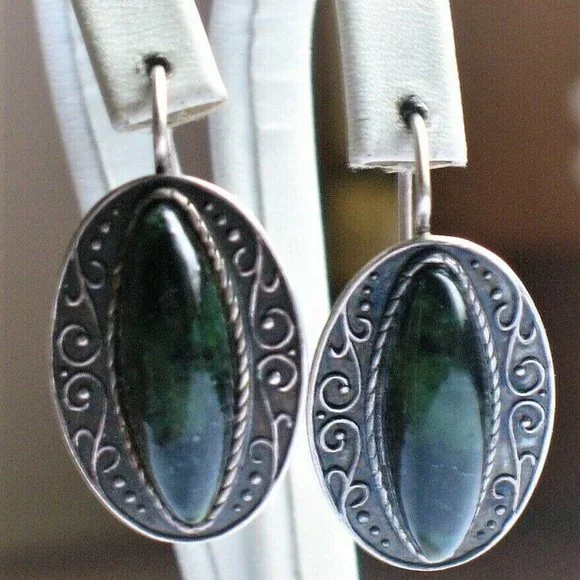 LARGE Antique Vintage Russian USSR Silver 875 Nephrite Jade Dangle Drop Earrings